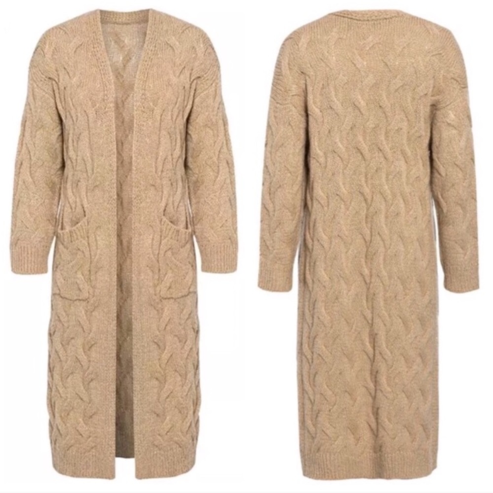 Beige Mohair Long Sleeve Cable Duster Cardigan - Picture 2 of 2